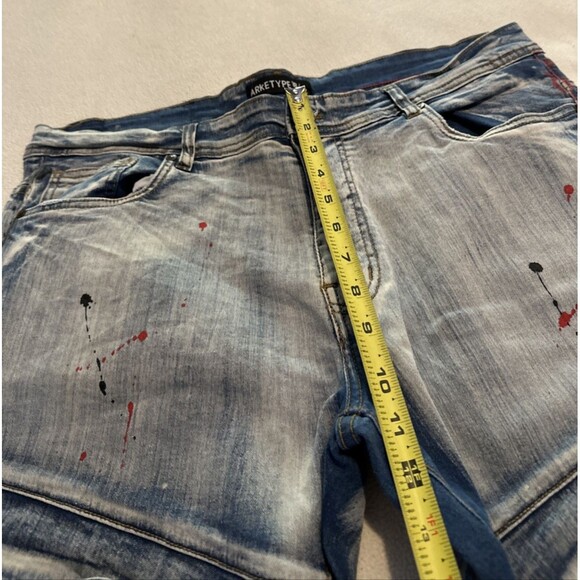 ArkeType Jeans Mens 38x32 Blue Acid Washed Dripped Ripped Distressed Stretch - Picture 6 of 16